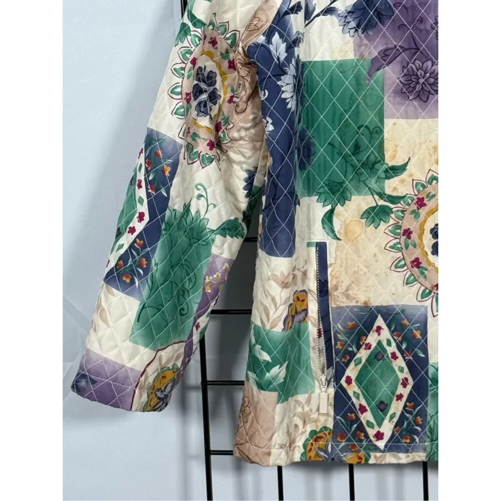 Vtg 80s Quilted‎ Silk Floral Jacket Womens 12 Cottagecore Coastal Grandma